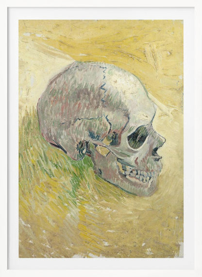 A post-impressionist painting by Vincent van Gogh, 'Skull,' featuring a human skull in profile against a textured, impasto background of swirling yellow and ochre hues. The skull is rendered with shades of white, grey, and hints of green. Print