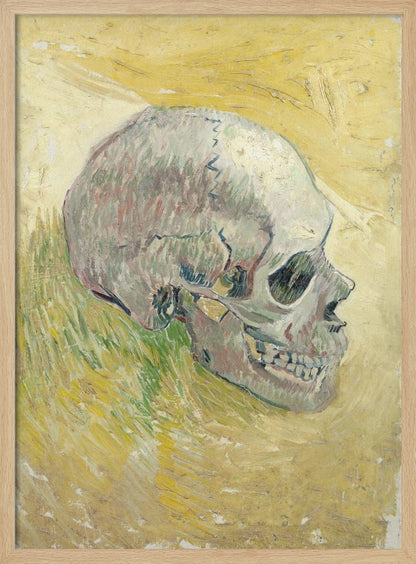 A post-impressionist painting by Vincent van Gogh, 'Skull,' featuring a human skull in profile against a textured, impasto background of swirling yellow and ochre hues. The skull is rendered with shades of white, grey, and hints of green. Print