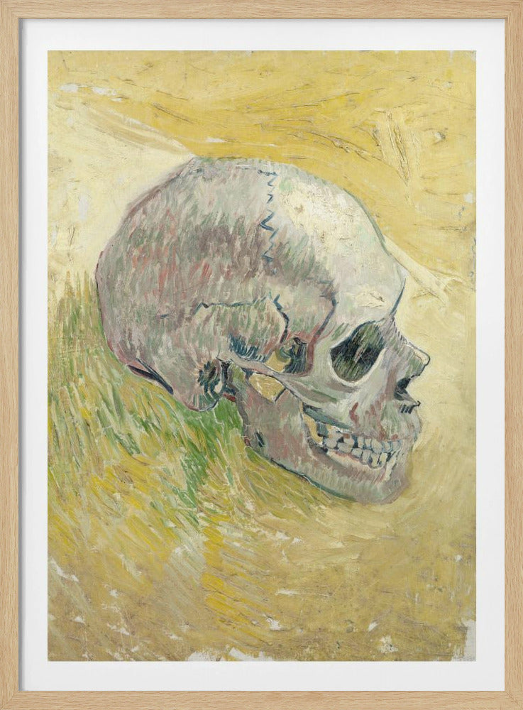 A post-impressionist painting by Vincent van Gogh, 'Skull,' featuring a human skull in profile against a textured, impasto background of swirling yellow and ochre hues. The skull is rendered with shades of white, grey, and hints of green. Print