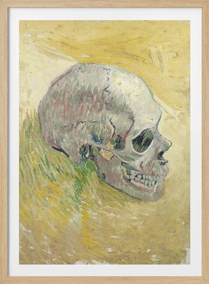 A post-impressionist painting by Vincent van Gogh, 'Skull,' featuring a human skull in profile against a textured, impasto background of swirling yellow and ochre hues. The skull is rendered with shades of white, grey, and hints of green. Print