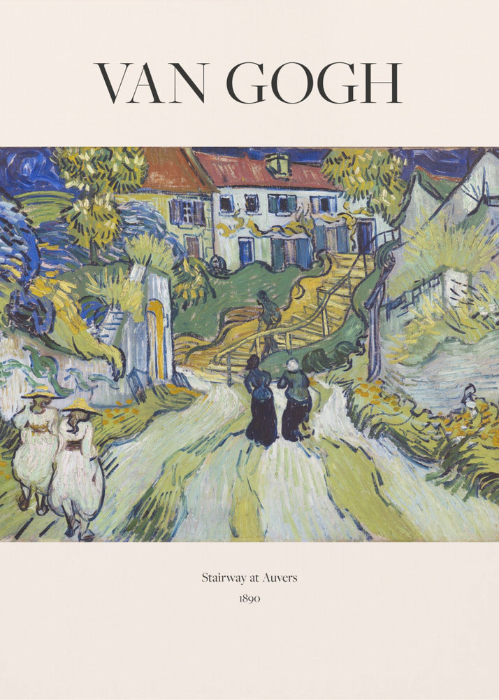 A framed art print of Vincent van Gogh's painting 'Stairway at Auvers', 1890. The post-impressionist artwork shows a vibrant landscape with figures walking on a path toward houses on a hill, rendered in expressive green, yellow, and blue brushstrokes. Decor