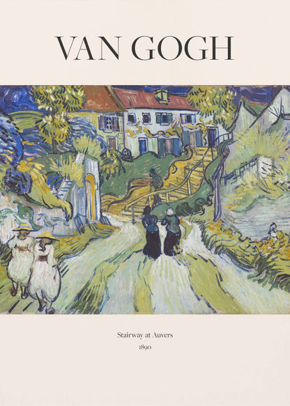 A framed art print of Vincent van Gogh's painting 'Stairway at Auvers', 1890. The post-impressionist artwork shows a vibrant landscape with figures walking on a path toward houses on a hill, rendered in expressive green, yellow, and blue brushstrokes. Decor