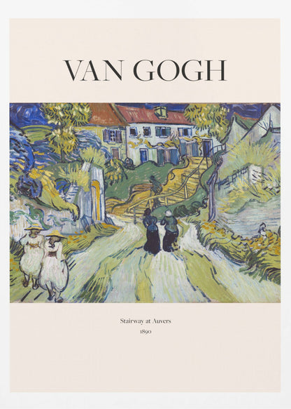 A framed art print of Vincent van Gogh's painting 'Stairway at Auvers', 1890. The post-impressionist artwork shows a vibrant landscape with figures walking on a path toward houses on a hill, rendered in expressive green, yellow, and blue brushstrokes. Decor