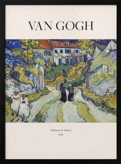 A framed art print of Vincent van Gogh's painting 'Stairway at Auvers', 1890. The post-impressionist artwork shows a vibrant landscape with figures walking on a path toward houses on a hill, rendered in expressive green, yellow, and blue brushstrokes. Decor