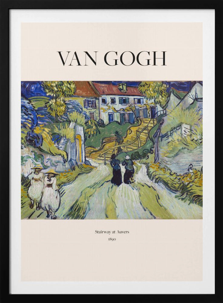 A framed art print of Vincent van Gogh's painting 'Stairway at Auvers', 1890. The post-impressionist artwork shows a vibrant landscape with figures walking on a path toward houses on a hill, rendered in expressive green, yellow, and blue brushstrokes. Decor