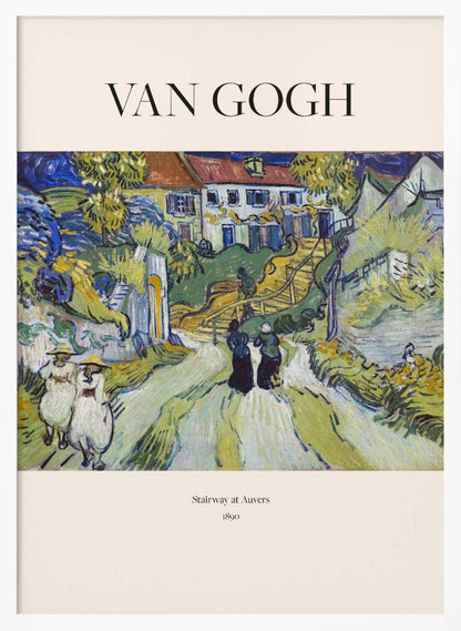 A framed art print of Vincent van Gogh's painting 'Stairway at Auvers', 1890. The post-impressionist artwork shows a vibrant landscape with figures walking on a path toward houses on a hill, rendered in expressive green, yellow, and blue brushstrokes. Decor
