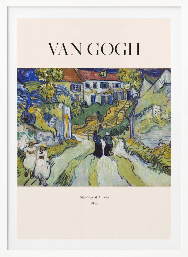 A framed art print of Vincent van Gogh's painting 'Stairway at Auvers', 1890. The post-impressionist artwork shows a vibrant landscape with figures walking on a path toward houses on a hill, rendered in expressive green, yellow, and blue brushstrokes. Decor