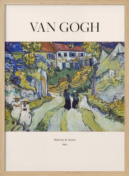 A framed art print of Vincent van Gogh's painting 'Stairway at Auvers', 1890. The post-impressionist artwork shows a vibrant landscape with figures walking on a path toward houses on a hill, rendered in expressive green, yellow, and blue brushstrokes. Decor