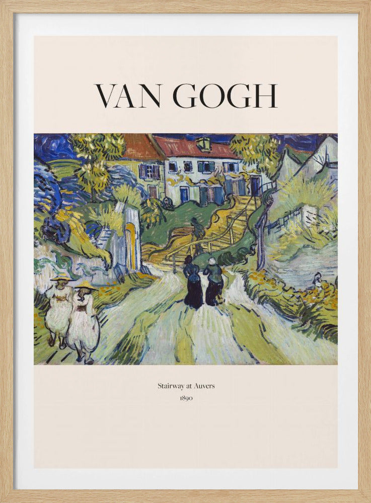 A framed art print of Vincent van Gogh's painting 'Stairway at Auvers', 1890. The post-impressionist artwork shows a vibrant landscape with figures walking on a path toward houses on a hill, rendered in expressive green, yellow, and blue brushstrokes. Decor