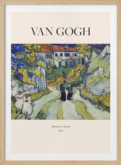 A framed art print of Vincent van Gogh's painting 'Stairway at Auvers', 1890. The post-impressionist artwork shows a vibrant landscape with figures walking on a path toward houses on a hill, rendered in expressive green, yellow, and blue brushstrokes. Decor