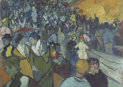 A post-impressionist painting in a silver frame depicting a dense crowd of people at a lively event. The scene is rendered with expressive brushstrokes in a palette of deep blues, greens, and a large area of bright yellow light, conveying a sense of bustling energy and movement. Decor
