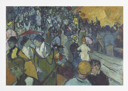 A post-impressionist painting in a silver frame depicting a dense crowd of people at a lively event. The scene is rendered with expressive brushstrokes in a palette of deep blues, greens, and a large area of bright yellow light, conveying a sense of bustling energy and movement. Decor