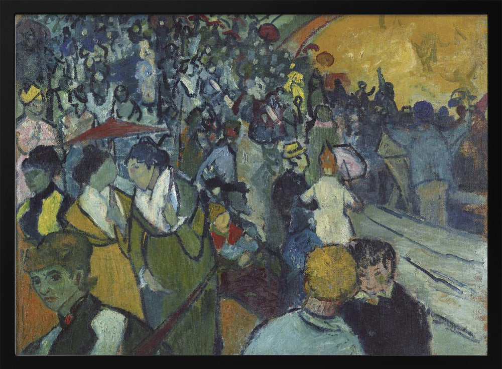 A post-impressionist painting in a silver frame depicting a dense crowd of people at a lively event. The scene is rendered with expressive brushstrokes in a palette of deep blues, greens, and a large area of bright yellow light, conveying a sense of bustling energy and movement. Decor