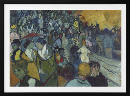 A post-impressionist painting in a silver frame depicting a dense crowd of people at a lively event. The scene is rendered with expressive brushstrokes in a palette of deep blues, greens, and a large area of bright yellow light, conveying a sense of bustling energy and movement. Decor
