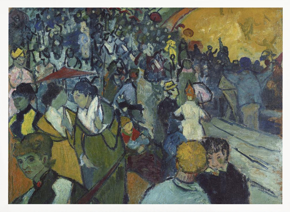 A post-impressionist painting in a silver frame depicting a dense crowd of people at a lively event. The scene is rendered with expressive brushstrokes in a palette of deep blues, greens, and a large area of bright yellow light, conveying a sense of bustling energy and movement. Decor