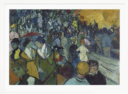A post-impressionist painting in a silver frame depicting a dense crowd of people at a lively event. The scene is rendered with expressive brushstrokes in a palette of deep blues, greens, and a large area of bright yellow light, conveying a sense of bustling energy and movement. Decor
