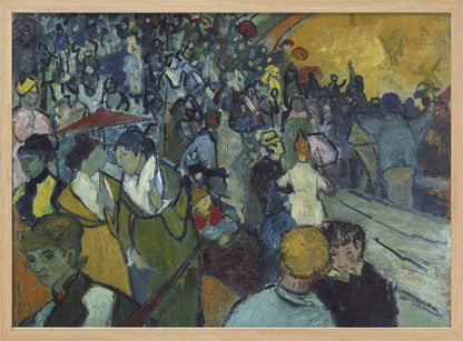 A post-impressionist painting in a silver frame depicting a dense crowd of people at a lively event. The scene is rendered with expressive brushstrokes in a palette of deep blues, greens, and a large area of bright yellow light, conveying a sense of bustling energy and movement. Decor