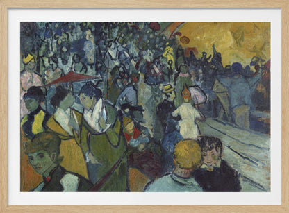 A post-impressionist painting in a silver frame depicting a dense crowd of people at a lively event. The scene is rendered with expressive brushstrokes in a palette of deep blues, greens, and a large area of bright yellow light, conveying a sense of bustling energy and movement. Decor