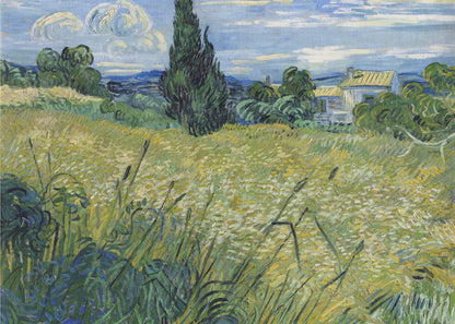 Vincent van Gogh's painting 'Green Wheat Field with Cypress' in a silver frame. The artwork features a vibrant golden-yellow field with green stalks in the foreground, a towering dark green cypress tree at the center, and a small farmhouse in the background under a blue sky with stylized, swirling white clouds. The entire scene is rendered in the artist's characteristic thick, expressive brushstrokes. Print