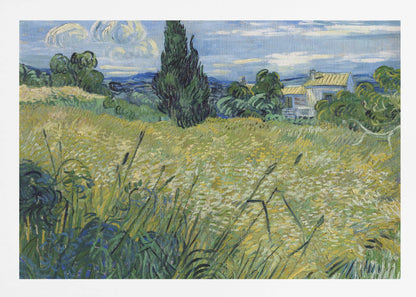 Vincent van Gogh's painting 'Green Wheat Field with Cypress' in a silver frame. The artwork features a vibrant golden-yellow field with green stalks in the foreground, a towering dark green cypress tree at the center, and a small farmhouse in the background under a blue sky with stylized, swirling white clouds. The entire scene is rendered in the artist's characteristic thick, expressive brushstrokes. Print