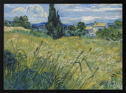 Vincent van Gogh's painting 'Green Wheat Field with Cypress' in a silver frame. The artwork features a vibrant golden-yellow field with green stalks in the foreground, a towering dark green cypress tree at the center, and a small farmhouse in the background under a blue sky with stylized, swirling white clouds. The entire scene is rendered in the artist's characteristic thick, expressive brushstrokes. Print