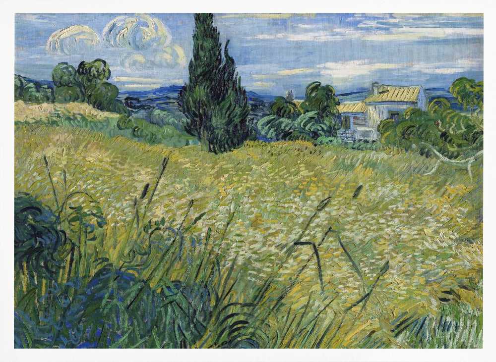 Vincent van Gogh's painting 'Green Wheat Field with Cypress' in a silver frame. The artwork features a vibrant golden-yellow field with green stalks in the foreground, a towering dark green cypress tree at the center, and a small farmhouse in the background under a blue sky with stylized, swirling white clouds. The entire scene is rendered in the artist's characteristic thick, expressive brushstrokes. Print