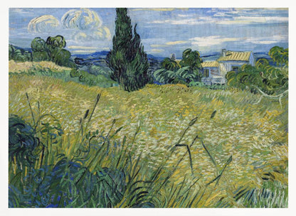 Vincent van Gogh's painting 'Green Wheat Field with Cypress' in a silver frame. The artwork features a vibrant golden-yellow field with green stalks in the foreground, a towering dark green cypress tree at the center, and a small farmhouse in the background under a blue sky with stylized, swirling white clouds. The entire scene is rendered in the artist's characteristic thick, expressive brushstrokes. Print