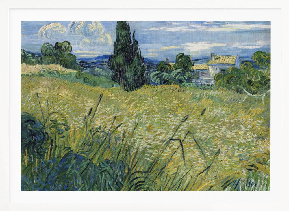 Vincent van Gogh's painting 'Green Wheat Field with Cypress' in a silver frame. The artwork features a vibrant golden-yellow field with green stalks in the foreground, a towering dark green cypress tree at the center, and a small farmhouse in the background under a blue sky with stylized, swirling white clouds. The entire scene is rendered in the artist's characteristic thick, expressive brushstrokes. Print