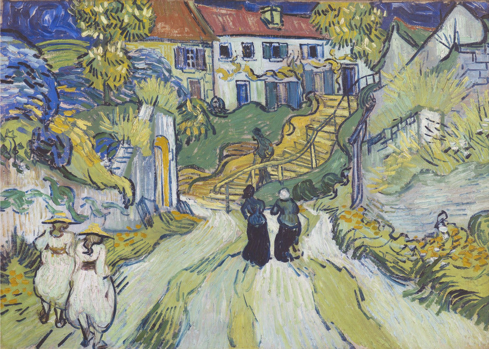A post-impressionist painting by Vincent van Gogh titled 'Stairway at Auvers'. The artwork depicts a vibrant village scene with figures walking along a winding path up a hill. A prominent house with a red roof sits atop the hill next to a wooden staircase. The landscape is rendered in expressive brushstrokes of green, yellow, and blue, all enclosed within a silver frame. Print