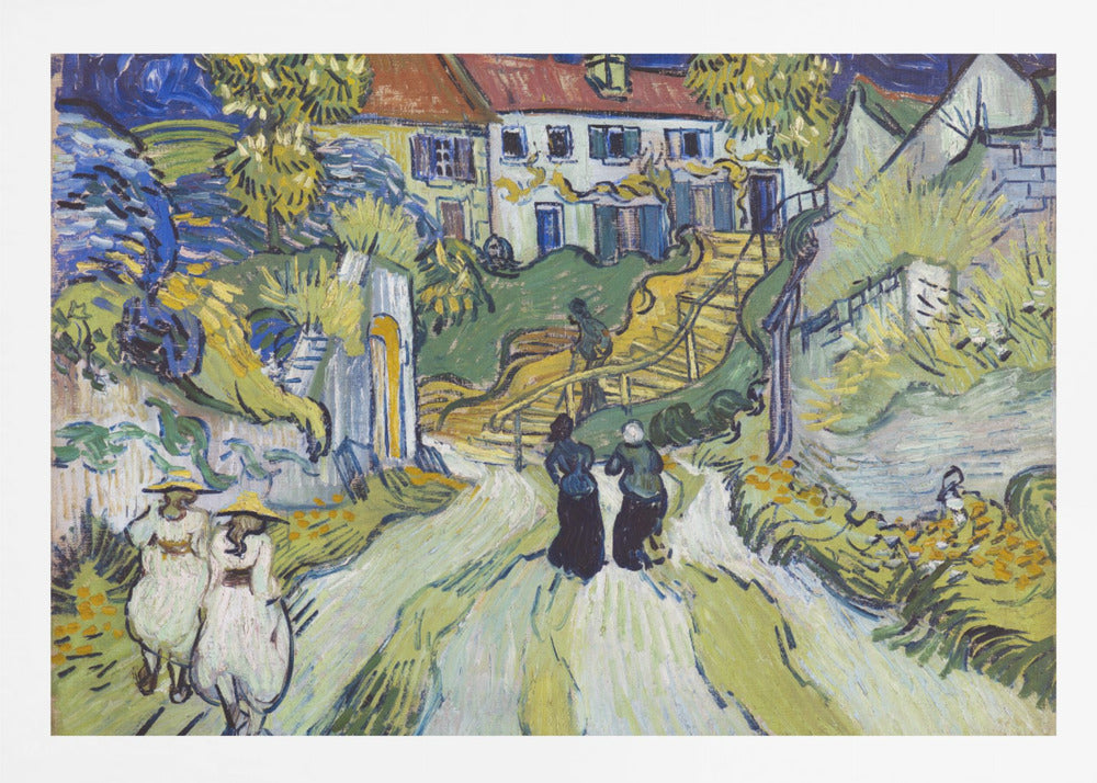 A post-impressionist painting by Vincent van Gogh titled 'Stairway at Auvers'. The artwork depicts a vibrant village scene with figures walking along a winding path up a hill. A prominent house with a red roof sits atop the hill next to a wooden staircase. The landscape is rendered in expressive brushstrokes of green, yellow, and blue, all enclosed within a silver frame. Print