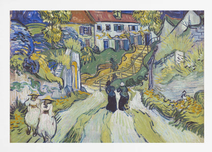 A post-impressionist painting by Vincent van Gogh titled 'Stairway at Auvers'. The artwork depicts a vibrant village scene with figures walking along a winding path up a hill. A prominent house with a red roof sits atop the hill next to a wooden staircase. The landscape is rendered in expressive brushstrokes of green, yellow, and blue, all enclosed within a silver frame. Print