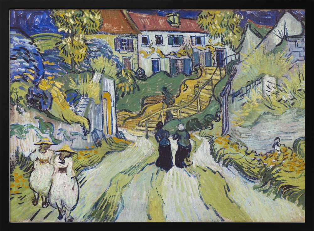 A post-impressionist painting by Vincent van Gogh titled 'Stairway at Auvers'. The artwork depicts a vibrant village scene with figures walking along a winding path up a hill. A prominent house with a red roof sits atop the hill next to a wooden staircase. The landscape is rendered in expressive brushstrokes of green, yellow, and blue, all enclosed within a silver frame. Print