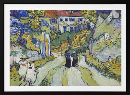 A post-impressionist painting by Vincent van Gogh titled 'Stairway at Auvers'. The artwork depicts a vibrant village scene with figures walking along a winding path up a hill. A prominent house with a red roof sits atop the hill next to a wooden staircase. The landscape is rendered in expressive brushstrokes of green, yellow, and blue, all enclosed within a silver frame. Print