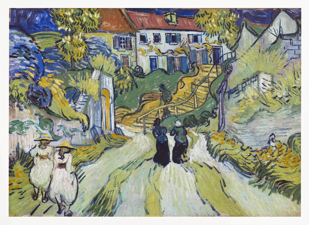 A post-impressionist painting by Vincent van Gogh titled 'Stairway at Auvers'. The artwork depicts a vibrant village scene with figures walking along a winding path up a hill. A prominent house with a red roof sits atop the hill next to a wooden staircase. The landscape is rendered in expressive brushstrokes of green, yellow, and blue, all enclosed within a silver frame. Print
