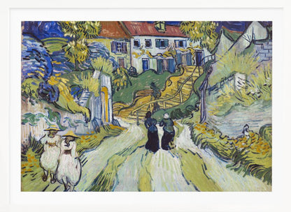 A post-impressionist painting by Vincent van Gogh titled 'Stairway at Auvers'. The artwork depicts a vibrant village scene with figures walking along a winding path up a hill. A prominent house with a red roof sits atop the hill next to a wooden staircase. The landscape is rendered in expressive brushstrokes of green, yellow, and blue, all enclosed within a silver frame. Print