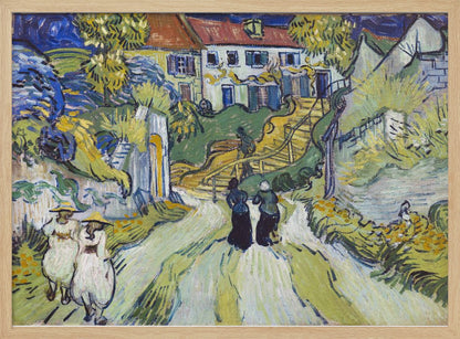 A post-impressionist painting by Vincent van Gogh titled 'Stairway at Auvers'. The artwork depicts a vibrant village scene with figures walking along a winding path up a hill. A prominent house with a red roof sits atop the hill next to a wooden staircase. The landscape is rendered in expressive brushstrokes of green, yellow, and blue, all enclosed within a silver frame. Print
