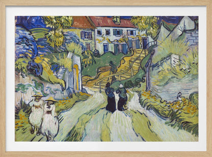 A post-impressionist painting by Vincent van Gogh titled 'Stairway at Auvers'. The artwork depicts a vibrant village scene with figures walking along a winding path up a hill. A prominent house with a red roof sits atop the hill next to a wooden staircase. The landscape is rendered in expressive brushstrokes of green, yellow, and blue, all enclosed within a silver frame. Print