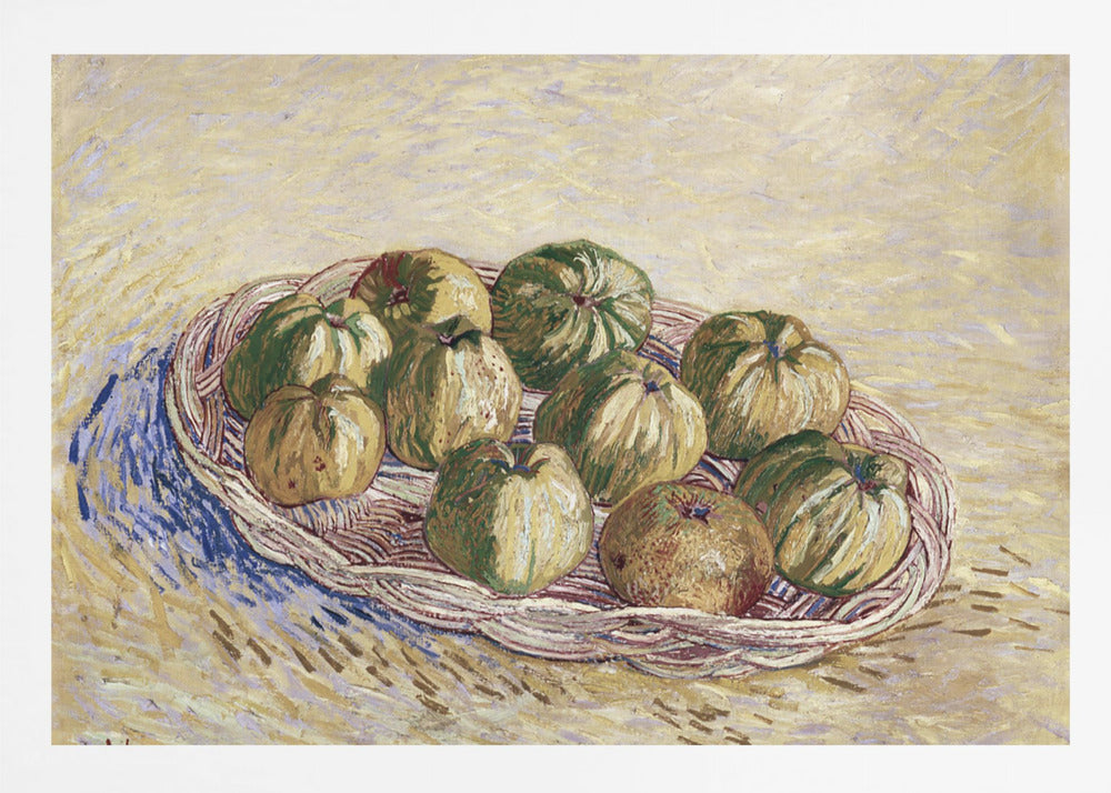 A post-impressionist still life painting by Vincent van Gogh showing a woven basket full of green and yellow apples. The background is a textured pale yellow, and the artist's signature is visible in the bottom left. The artwork is presented in a silver frame. Poster