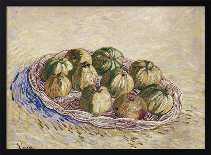 A post-impressionist still life painting by Vincent van Gogh showing a woven basket full of green and yellow apples. The background is a textured pale yellow, and the artist's signature is visible in the bottom left. The artwork is presented in a silver frame. Poster