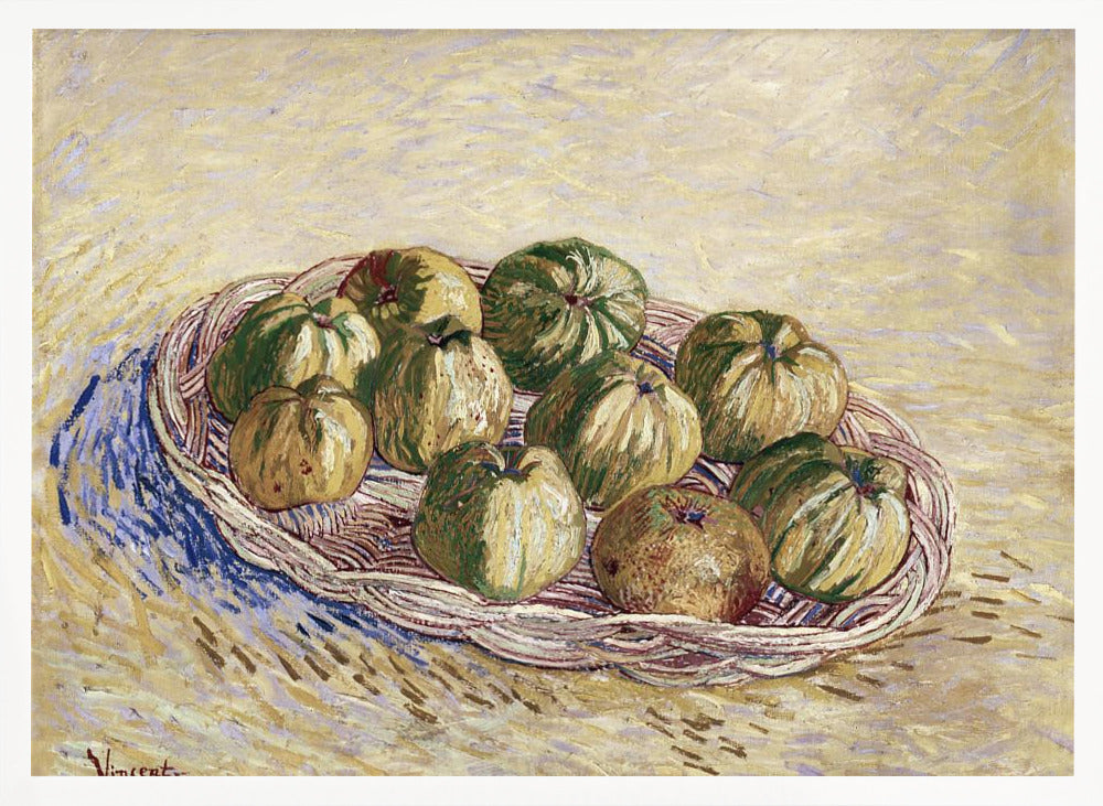 A post-impressionist still life painting by Vincent van Gogh showing a woven basket full of green and yellow apples. The background is a textured pale yellow, and the artist's signature is visible in the bottom left. The artwork is presented in a silver frame. Poster