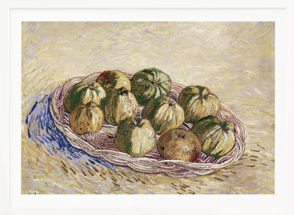 A post-impressionist still life painting by Vincent van Gogh showing a woven basket full of green and yellow apples. The background is a textured pale yellow, and the artist's signature is visible in the bottom left. The artwork is presented in a silver frame. Poster