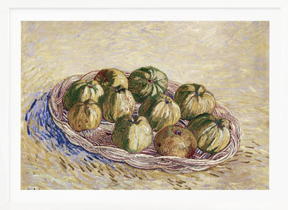 A post-impressionist still life painting by Vincent van Gogh showing a woven basket full of green and yellow apples. The background is a textured pale yellow, and the artist's signature is visible in the bottom left. The artwork is presented in a silver frame. Poster