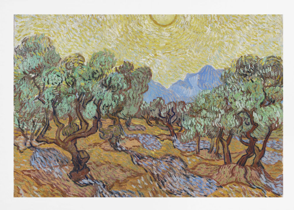A framed Post-Impressionist painting by Vincent van Gogh depicting an olive grove under a bright yellow sun and sky. The olive trees have gnarled brown trunks and green leaves, set against a rolling landscape of ochre and lavender shadows. In the distance, blue mountains rise against the vibrant sky. The entire scene is painted with thick, energetic brushstrokes. Decor