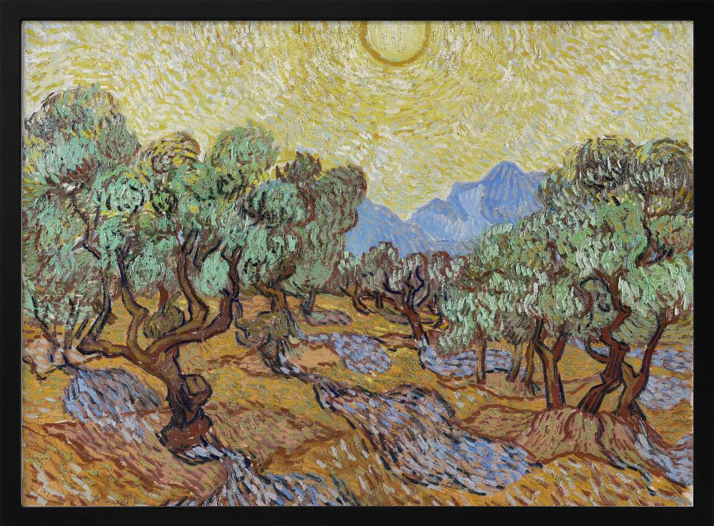 A framed Post-Impressionist painting by Vincent van Gogh depicting an olive grove under a bright yellow sun and sky. The olive trees have gnarled brown trunks and green leaves, set against a rolling landscape of ochre and lavender shadows. In the distance, blue mountains rise against the vibrant sky. The entire scene is painted with thick, energetic brushstrokes. Decor
