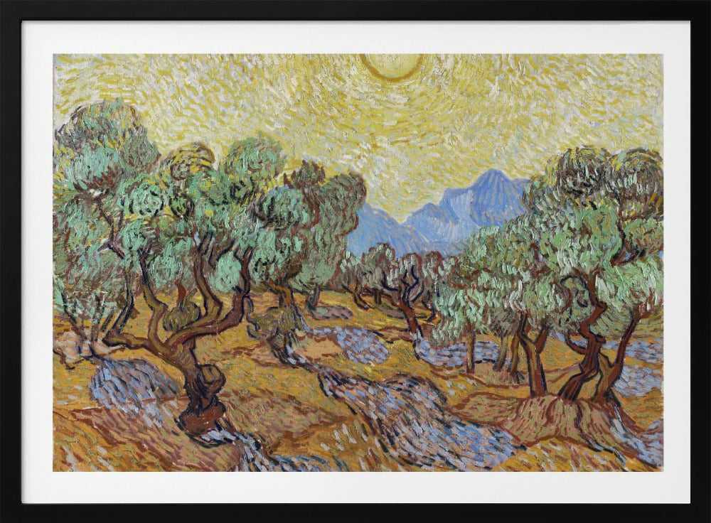 A framed Post-Impressionist painting by Vincent van Gogh depicting an olive grove under a bright yellow sun and sky. The olive trees have gnarled brown trunks and green leaves, set against a rolling landscape of ochre and lavender shadows. In the distance, blue mountains rise against the vibrant sky. The entire scene is painted with thick, energetic brushstrokes. Decor
