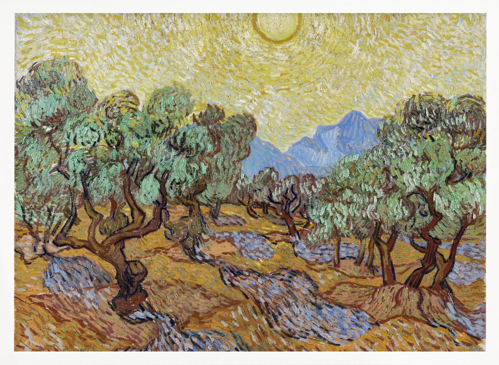 A framed Post-Impressionist painting by Vincent van Gogh depicting an olive grove under a bright yellow sun and sky. The olive trees have gnarled brown trunks and green leaves, set against a rolling landscape of ochre and lavender shadows. In the distance, blue mountains rise against the vibrant sky. The entire scene is painted with thick, energetic brushstrokes. Decor