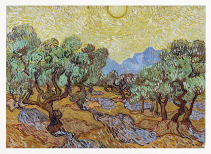 A framed Post-Impressionist painting by Vincent van Gogh depicting an olive grove under a bright yellow sun and sky. The olive trees have gnarled brown trunks and green leaves, set against a rolling landscape of ochre and lavender shadows. In the distance, blue mountains rise against the vibrant sky. The entire scene is painted with thick, energetic brushstrokes. Decor