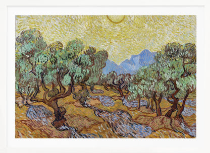 A framed Post-Impressionist painting by Vincent van Gogh depicting an olive grove under a bright yellow sun and sky. The olive trees have gnarled brown trunks and green leaves, set against a rolling landscape of ochre and lavender shadows. In the distance, blue mountains rise against the vibrant sky. The entire scene is painted with thick, energetic brushstrokes. Decor