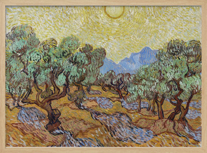 A framed Post-Impressionist painting by Vincent van Gogh depicting an olive grove under a bright yellow sun and sky. The olive trees have gnarled brown trunks and green leaves, set against a rolling landscape of ochre and lavender shadows. In the distance, blue mountains rise against the vibrant sky. The entire scene is painted with thick, energetic brushstrokes. Decor