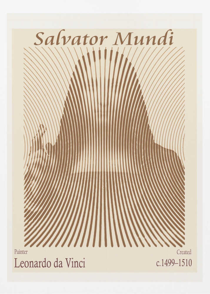 A minimalist poster of Leonardo da Vinci's 'Salvator Mundi', featuring an abstract representation of the figure created with curved brown lines on a cream background. The title is at the top, and the artist's name and creation dates are at the bottom. Decor